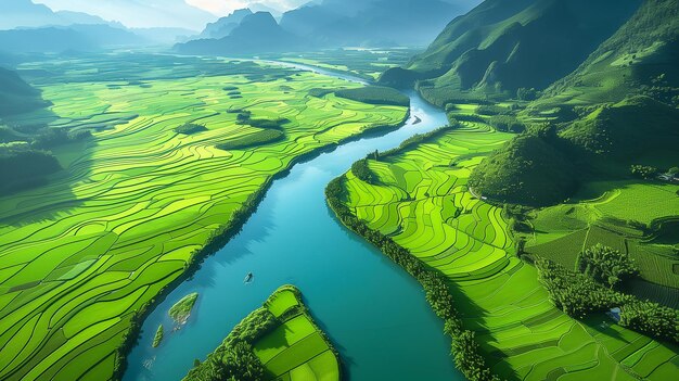 Фото Аэрофотография реки, протекающей через зеленые рисовые поля и горы