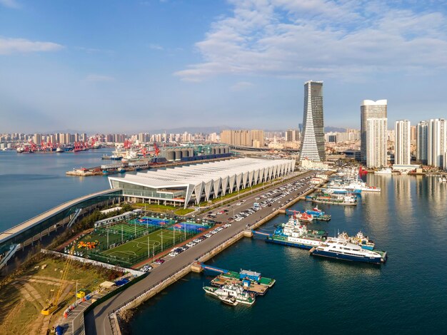 Aerial photography panoramic view of the city coastline of Qingdao China