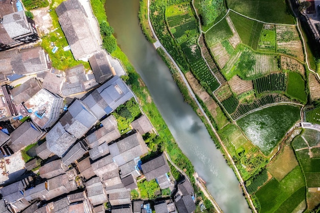 Aerial photography of the pastoral scenery of ancient Dong people's houses in Bazhai Chengyang Liuzhou