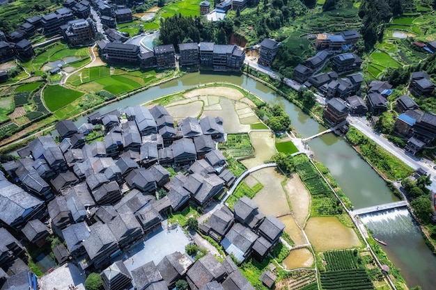Aerial photography of the pastoral scenery of ancient Dong people's houses in Bazhai Chengyang Liuzhou