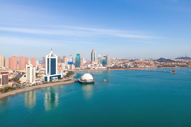 Aerial photography Qingdao Bay city architecture landscape skyline panorama