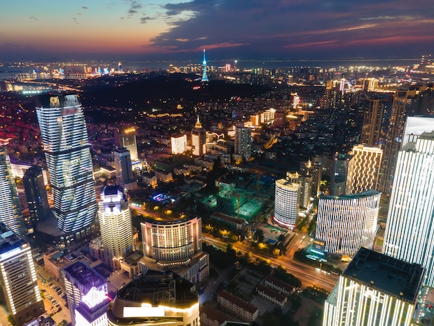 Aerial photography of Qingdao city coastline architectural landscape night view