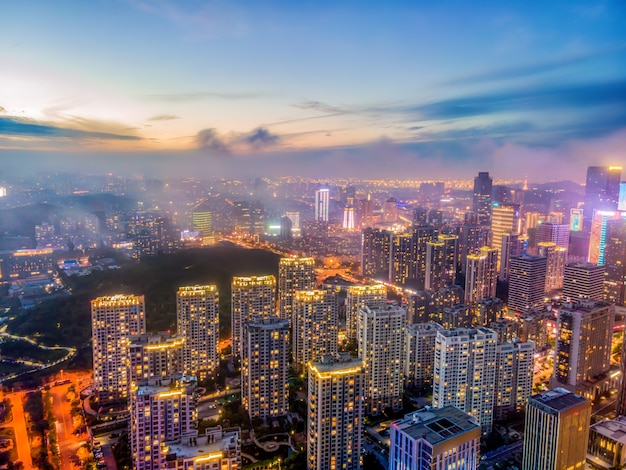 Aerial photography of Qingdaos west coast city buildings at night