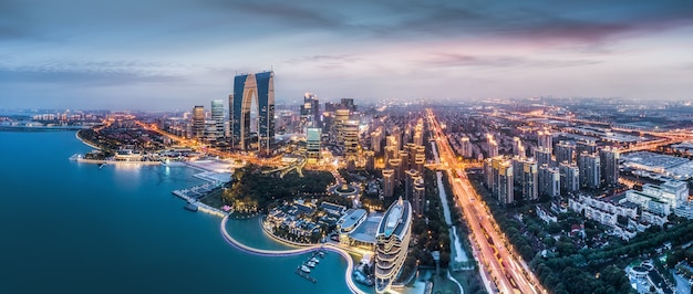 Aerial photography of Suzhou Jinji Lake architectural landscape night view