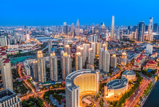 Aerial photography of Tianjin city building skyline night view