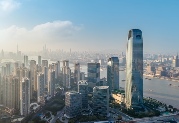 Aerial photography of urban architectural landscape along the Pearl River in Guangzhou