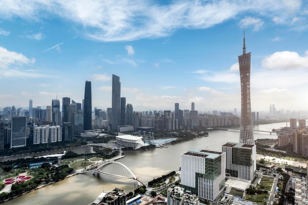 Aerial photography of urban buildings skylines on both sides of the Pearl River in Guangzhou China