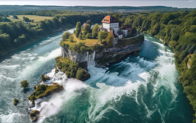 Aerial photography with drone of Rhine Falls with Schloss Laufen castle Switzerland Generative AI