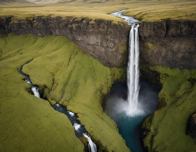 aerial picture looking down on a waterfall in iceland