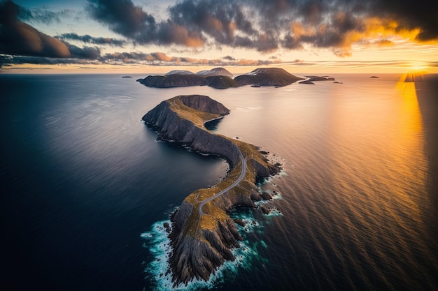 An aerial picture of Norways North Cape Nordkapp above the azure sea