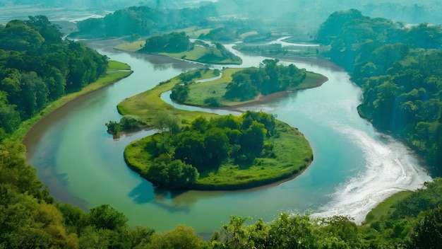 Aerial picture of a river surrounded by islands covered in greenery under sunlight