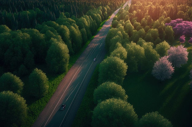 Aerial picture of a road at dusk amid a lush green woodland in the spring Summertime trees