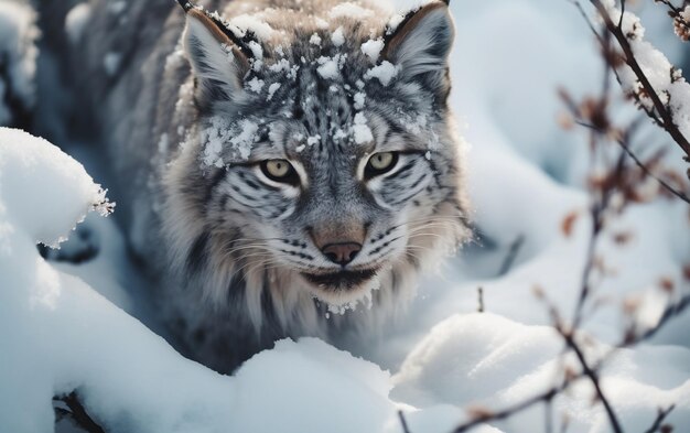 Aerial Portrait Lynx Hunting in Snowy Landscape Generative AI