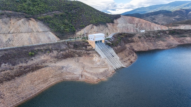 Aerial. Reservoir dam Odelouca of drinking water in Algarve region of Portugal. Monchique.