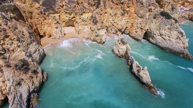 Aerial. Rocks and beaches near beaches of Portimao.