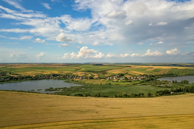 Aerial rural landscape with yellow patched agriculture fields and blue sky with white clouds.