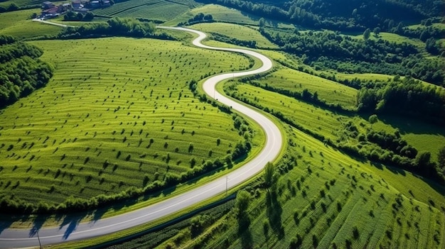 イタリアのパヴィア州の丘の田舎の道路とエアリーの形状の構成