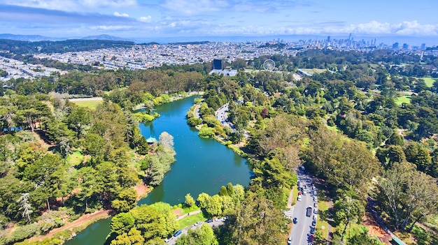 Aerial over San Francisco Golden Gate Park by city