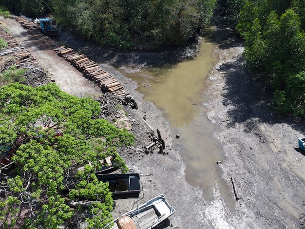 aerial scene of the wooden village at the forest mangrove landscape