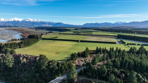 Aerial scenery of the agricultural fields and farm land around the Waimakariri Gorge