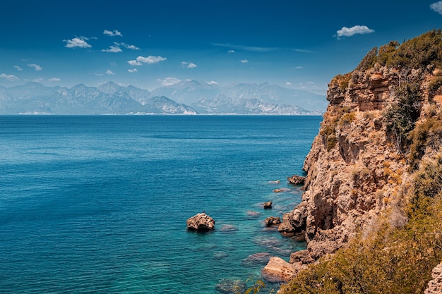 Aerial scenic panoramic seascape view with a high cliff vacation background and coastline concept azure sea bottom and transparent waters