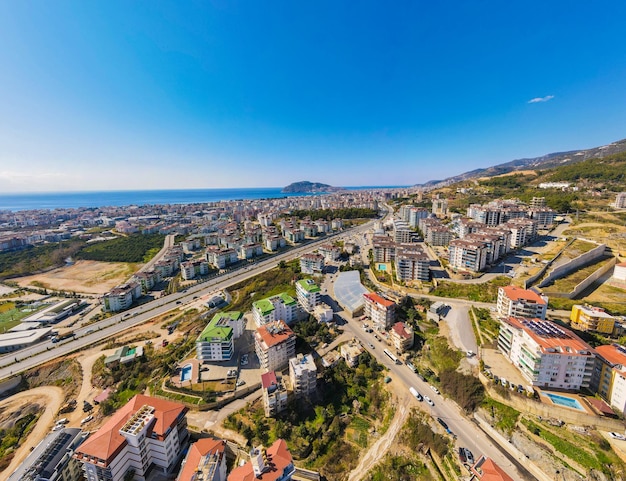 aerial sea coast and city view drone