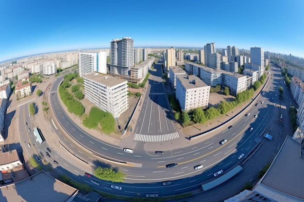 都市の交通と道路の交差点の上の無縫の球形のHDRIパノラマビュー