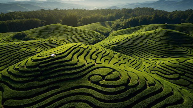 Воздушное спокойствие захватывающие геометрические узоры обширной чайной плантации сверху