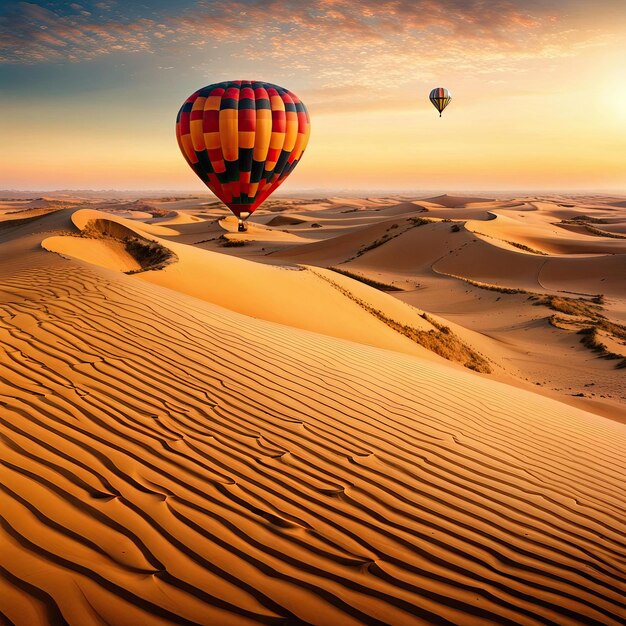 Aerial Serenity Sunset Warmluchtballonreis over de woestijn Landschap generatief ai