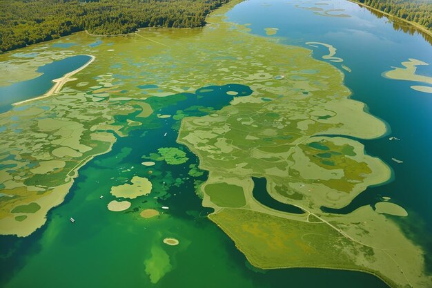 Foto ripresa aerea della fioritura algale su un lago