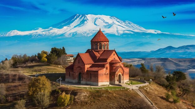 Photo aerial shot of an armenian church on a hill with mountain ararat and clear blue sky