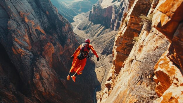 An aerial shot of the base jumper soaring through a canyon in their vividly colored wingsuit