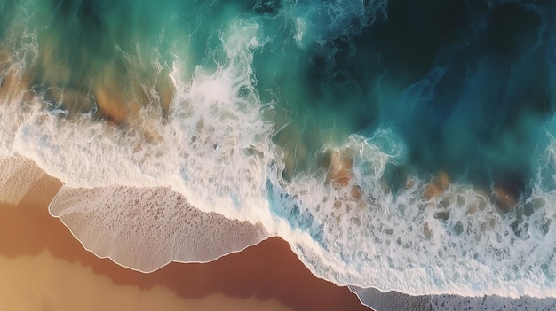 An aerial shot of a beach with a blue ocean and waves