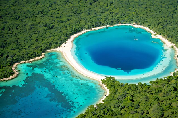 Aerial shot of the blue hole a natural phenomena and popular dive spot off the coast of belize made