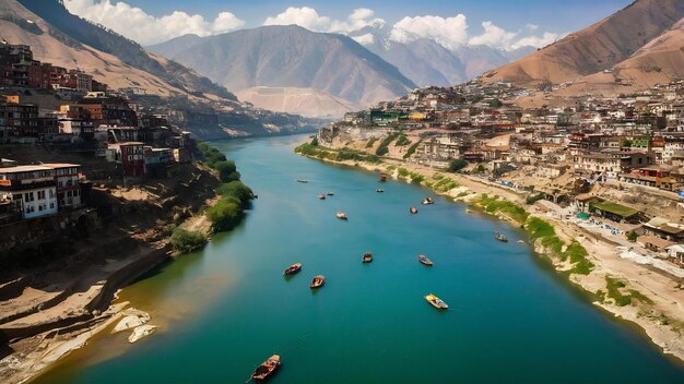 Aerial shot of boats in the spiti river near kaza india