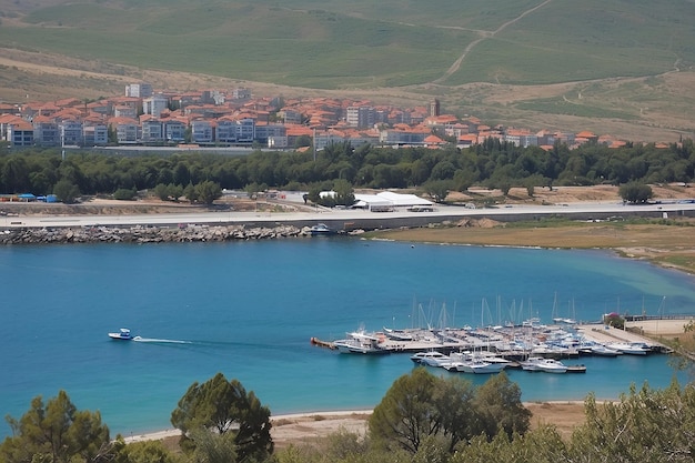 An aerial shot of buildings near the sea in Galicia Spain