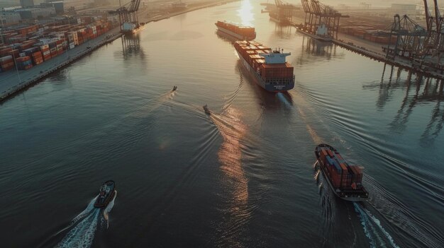 Aerial shot of a busy harbor with tugboats guiding a massive cargo ship into port showcasing the efficiency of maritime logistics