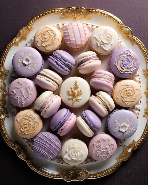 An aerial shot captures an array of dainty macarons artfully arranged on an exquisite platter the