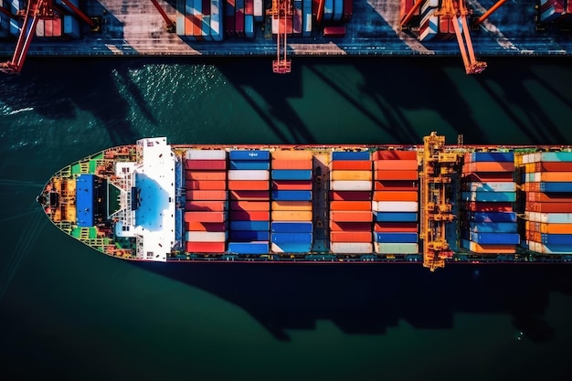 Aerial shot of a cargo ship docked at a port with containers being loaded or unloaded Generative AI