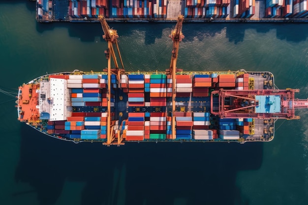 Aerial shot of a cargo ship docked at a port with containers being loaded or unloaded Generative AI