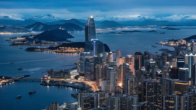 Aerial shot of city buildings lights at night time near the sea and mountains