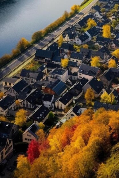 воздушный снимок деревни Элленц-Полтерсдорф и красочных виноградников на реке Мозель осенью