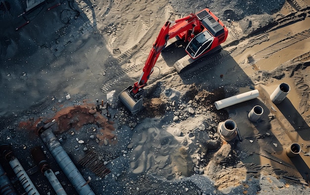 Aerial Shot of Excavator on PipeLaden Site