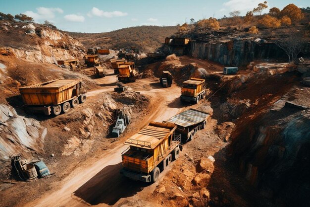 Photo aerial shot of a fleet of dump trucks lined up at a mining site best dump truck image