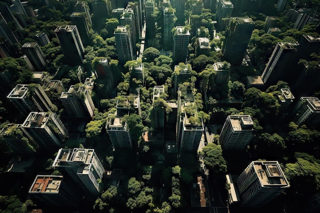 An aerial shot of a forest surrounded by tall buildings