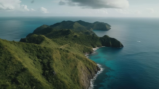 Aerial shot of a green island with a small island and a blue ocean.