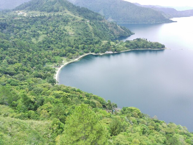 Aerial shot of lake toba balige north sumatra indonesia 13 october 2022