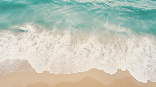 Aerial shot of the ocean waves hitting the sandy beach