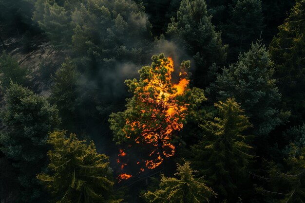 写真 森で燃えている孤独な木の空中写真