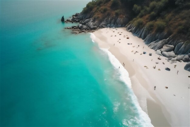 Aerial shot of paradise beach with a stunning view of the blue turquoise sea and sandy beach shore